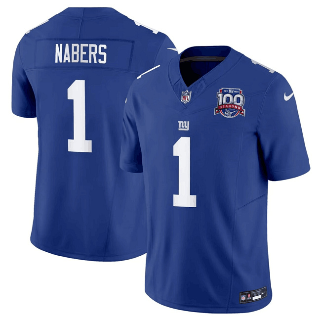 Men's New York Giants #1 Malik Nabers Blue 2024 Draft F.U.S.E. 100TH Season Patch Vapor Untouchable Football Stitched Jersey